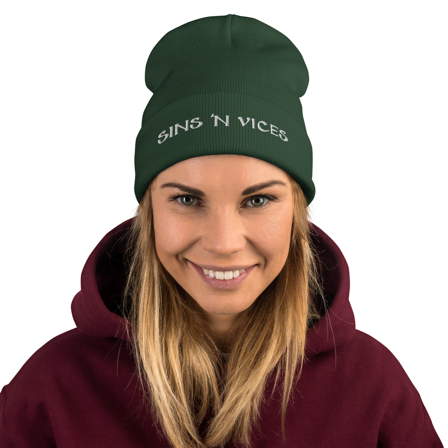 knit beanie dark green front