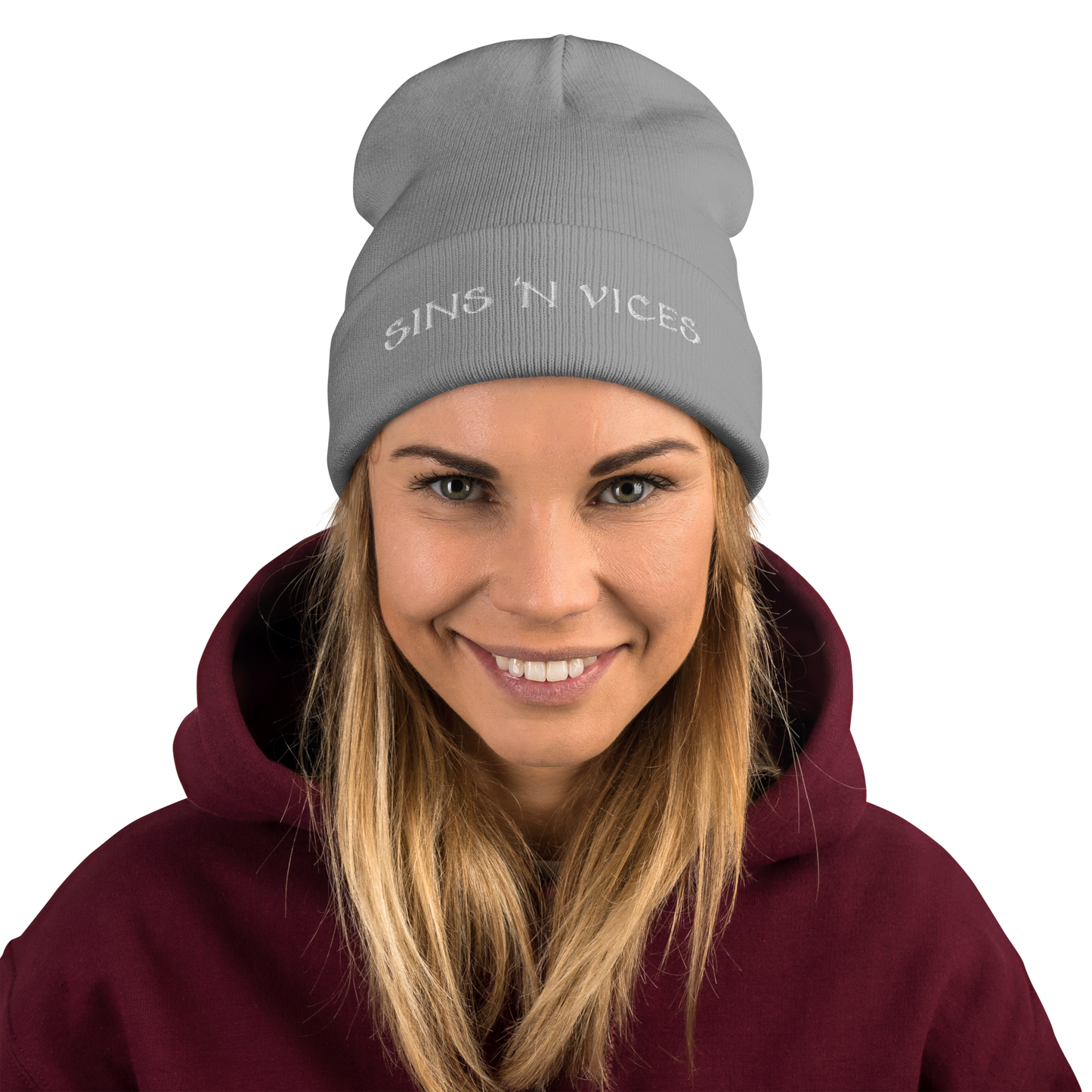 knit beanie gray front